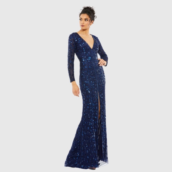 NWT $598 Mac Duggal Navy Embellished Front Slit Long Sleeve Gown beaded blue - Picture 1 of 6
